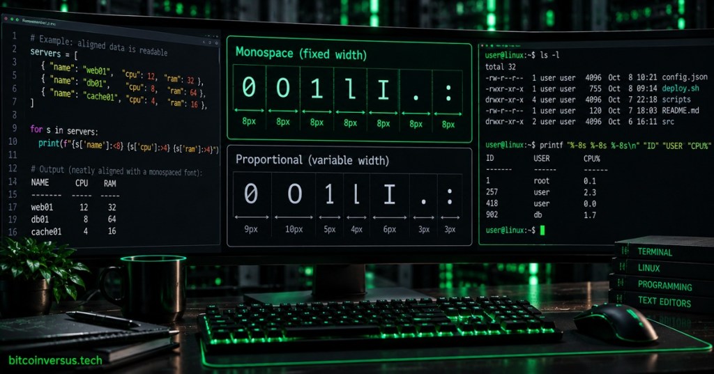 Dark neon-green coding workstation showing a fixed-width monospace character grid beside proportional text and a Linux terminal.