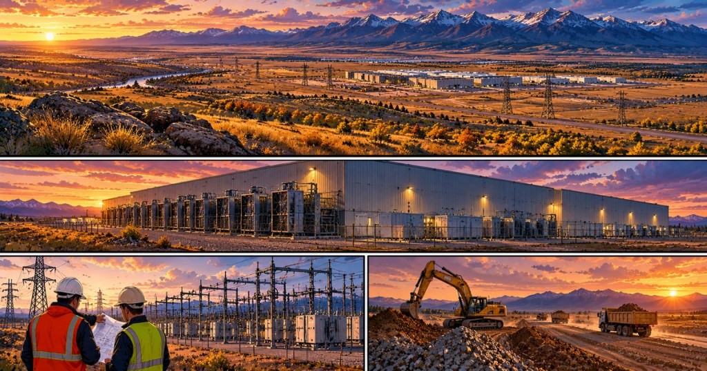Original four-panel wordless editorial comic showing a hypothetical Montana AI data center landscape, mining facility, electricians at a substation and grading equipment against mountain sunset