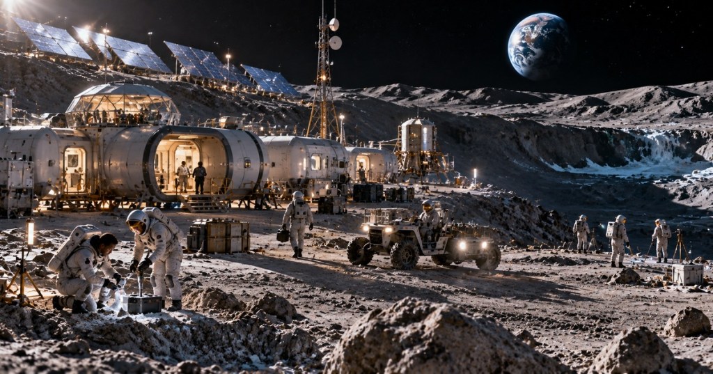 Photorealistic editorial scene of a future lunar south pole base with habitats, solar arrays, astronauts, rovers and nearby icy terrain, representing the speculative value of habitable lunar real estate.