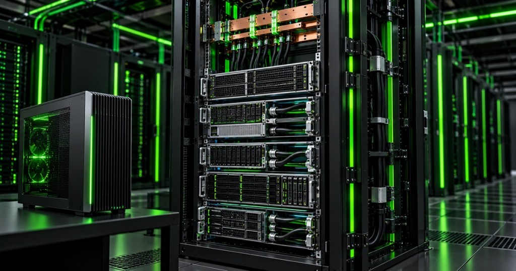 Dark data-center rack with modular liquid-cooled servers, copper power rails, and neon-green infrastructure lighting.