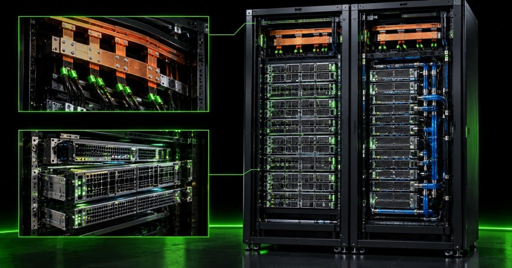 Neon technical illustration of a liquid-cooled ORv3 data center rack with 48V busbar power and server nodes.