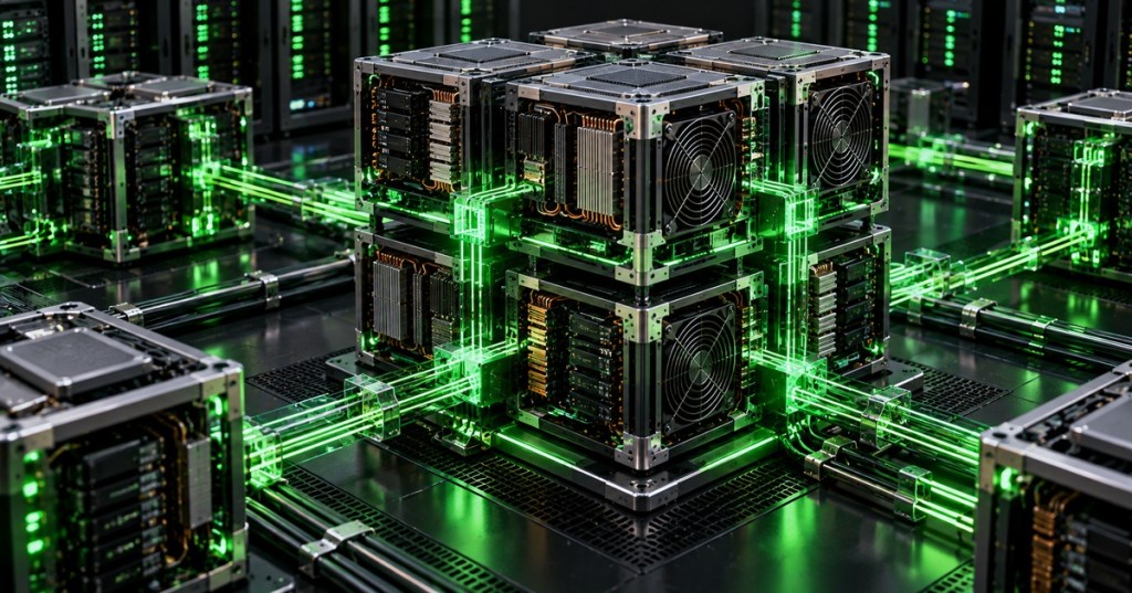 Editorial illustration of modular cube-shaped AI compute systems integrating memory, power delivery and cooling inside a data center.