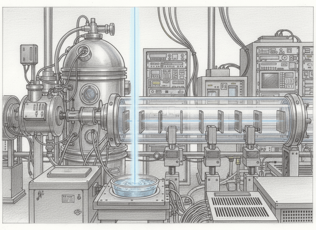 Color-pencil illustration of a cryogenic muonium beam emerging from superfluid helium and entering a precision atom interferometer for a gravity test.