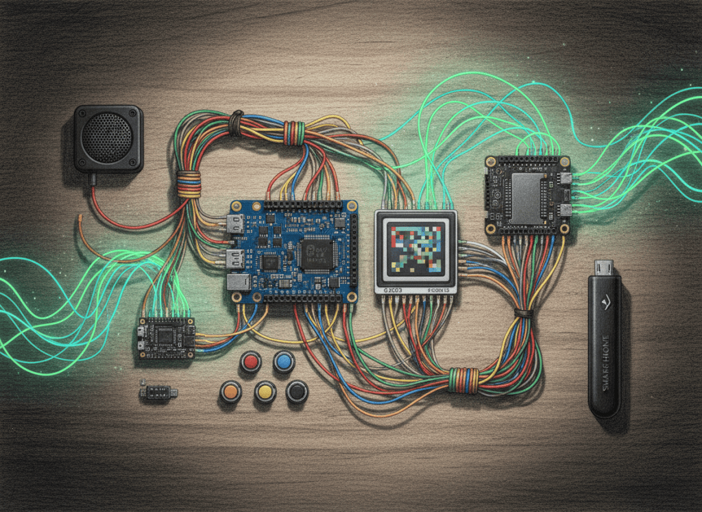 Open-source AI gadget workbench with ESP32, Raspberry Pi, display and smart-home hardware