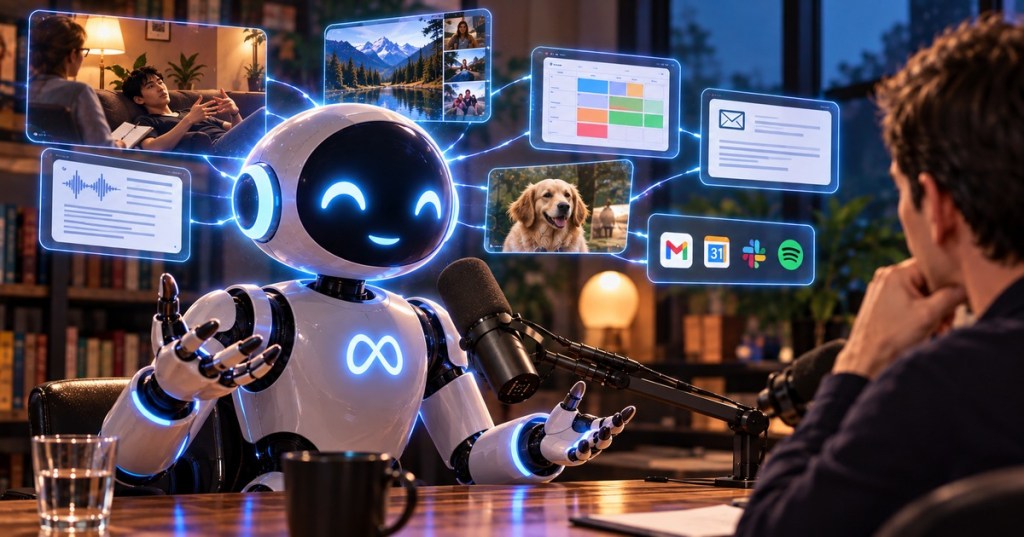 Editorial image of a friendly Muse-style AI robot speaking into a podcast microphone while personal data panels including email, calendar, photos and a therapy session appear behind it.