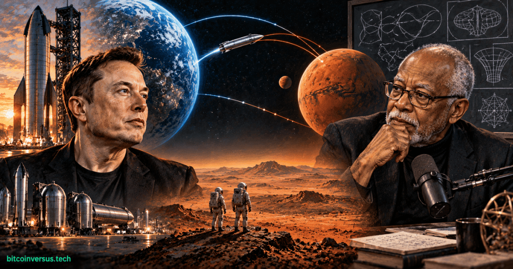 Illustrated comparison of Elon Musk, S. James Gates Jr., Starship, Earth-to-Mars trajectories and astronauts on Mars