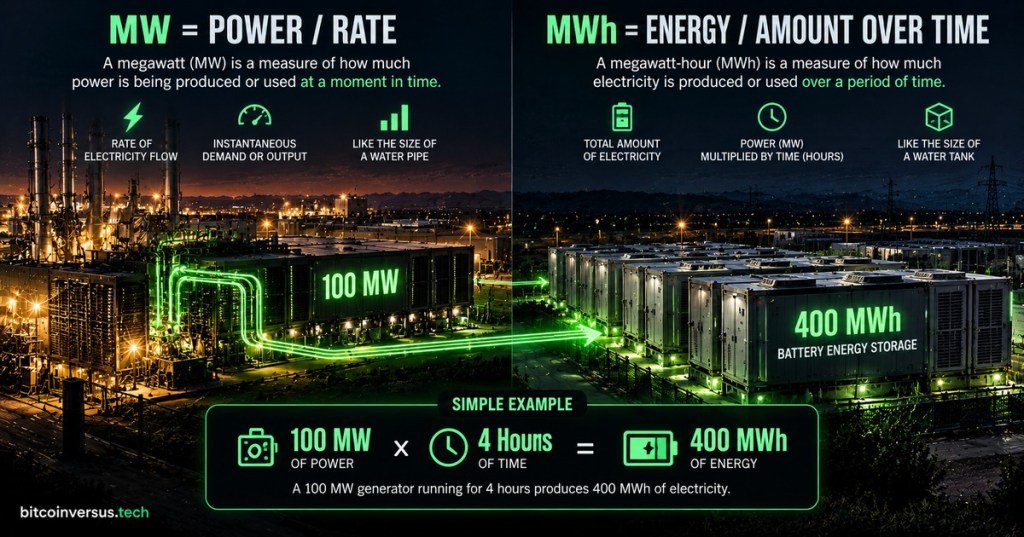 Easy-reading diagram comparing megawatts as power with megawatt-hours as energy over time using a 100 MW times 4 hours equals 400 MWh example