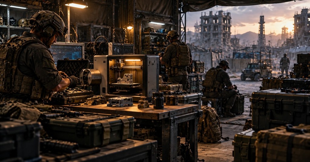 Original editorial image of a military extraction-game forward base with operators, gear crates, and a 3D printer.