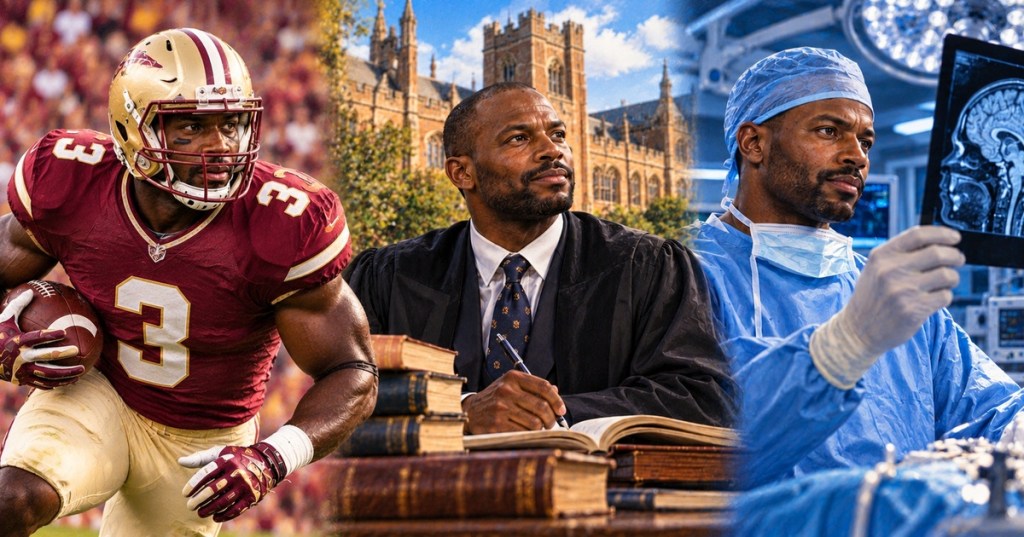 Illustrated career portrait of Myron Rolle as Florida State No. 3, an Oxford scholar, and a pediatric neurosurgeon