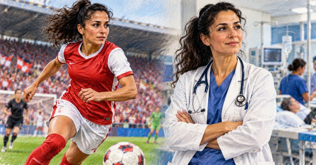 Illustrated Career News portrait of Nadia Nadim as a professional footballer and physician
