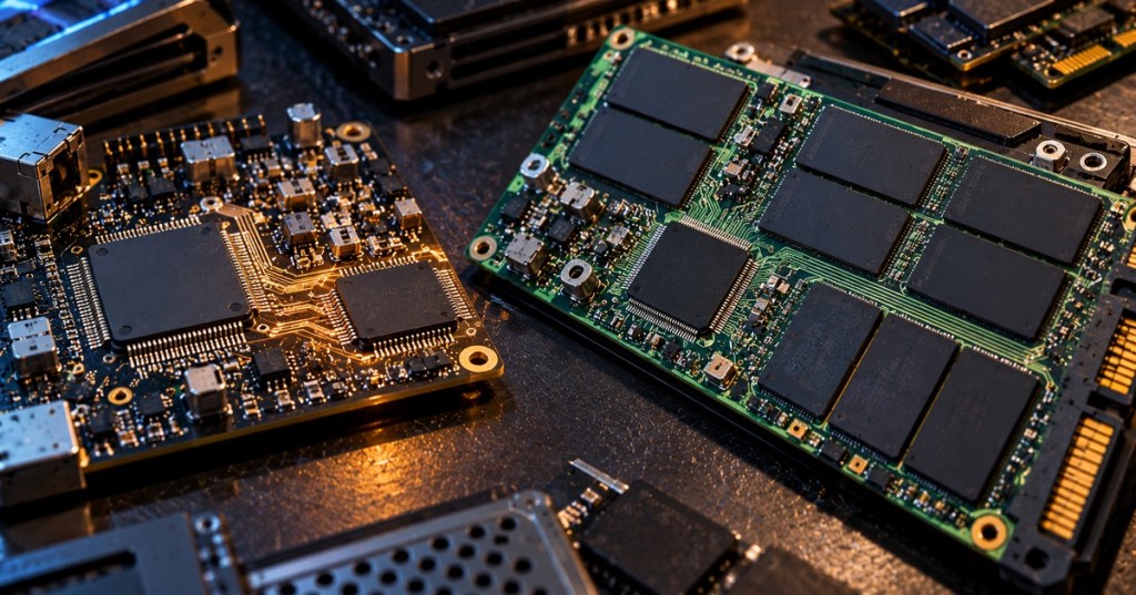 Wordless macro electronics image comparing dense NAND flash storage circuitry with firmware-oriented NOR flash hardware on separate circuit boards.