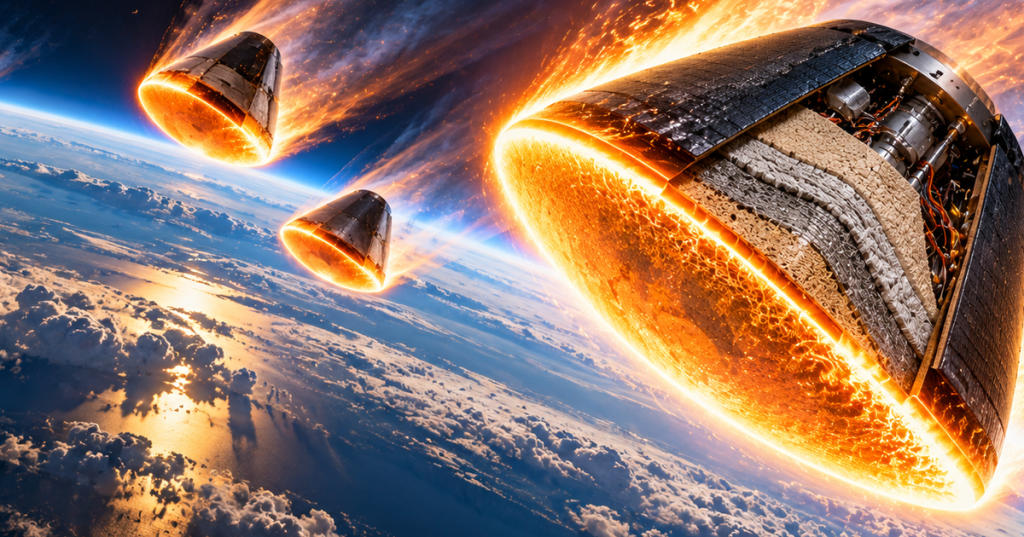 Illustration of multiple experimental reentry capsules testing advanced heat-shield materials while plunging through Earth’s atmosphere.