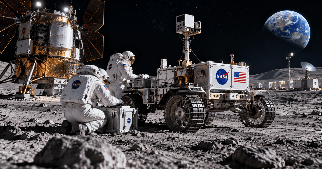 NASA-style lunar outpost scene with astronauts, rover, lander, habitats, instruments, and Earth above the horizon, representing new Moon Base science investigations.