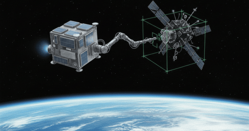 Autonomous servicing spacecraft approaching an inactive satellite in low Earth orbit above Earth.