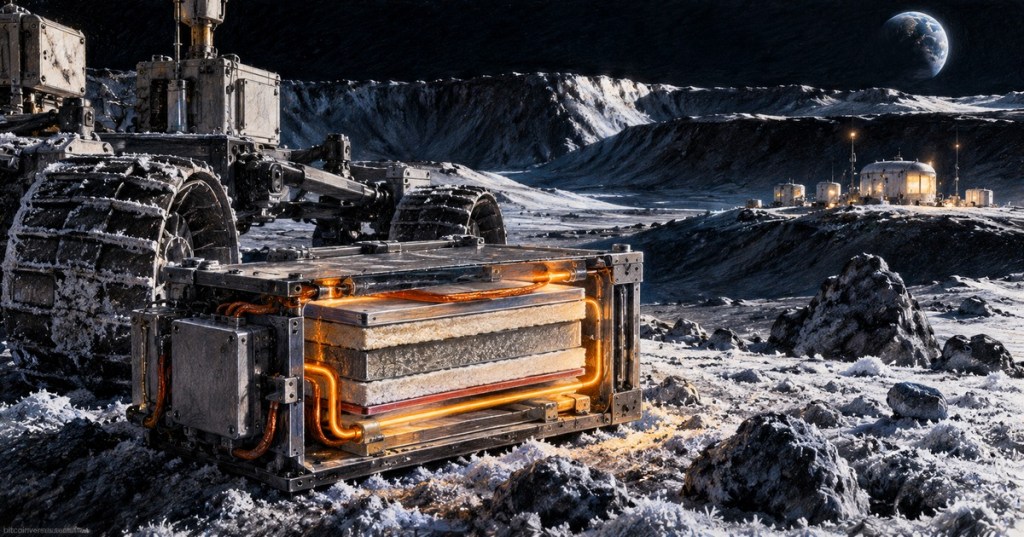 Colored-pencil editorial illustration of a lunar rover and solid-state battery module operating in the extreme cold of a shadowed Moon crater.