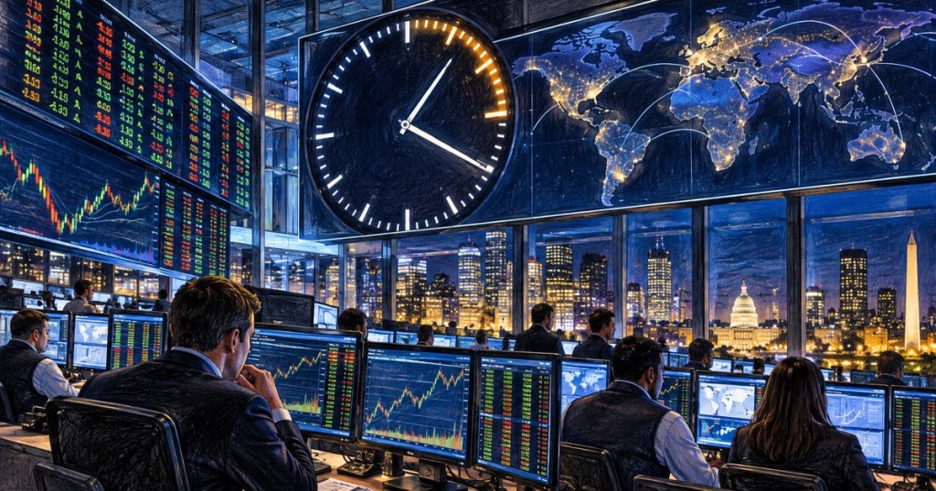 Editorial illustration of a nighttime global stock trading floor representing Nasdaq's move to 23-hour weekday trading.