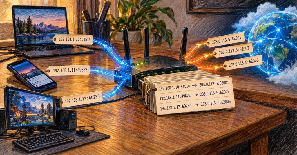 Realistic color-pencil illustration of laptops and phones sharing one public IP through a router that keeps a NAT translation table mapping private addresses and ports to public ports.