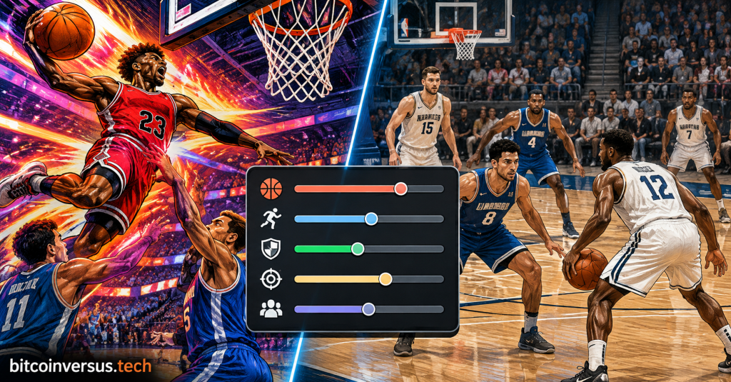 Comic illustration contrasting arcade basketball and realistic basketball with slider controls