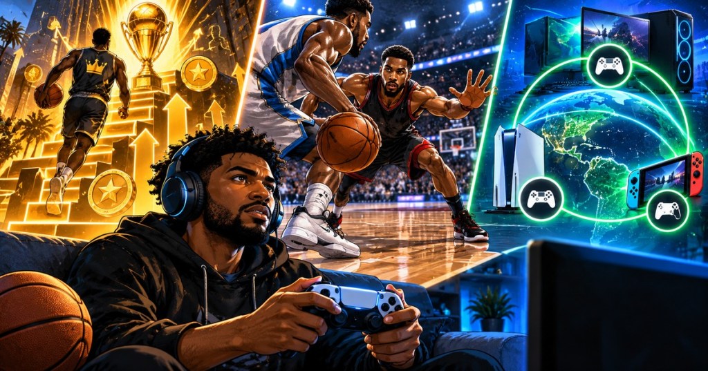 Illustrated basketball gaming scene showing career progression rewards, basketball defense, and cross-platform online gaming around a player holding a controller; conceptual editorial artwork.