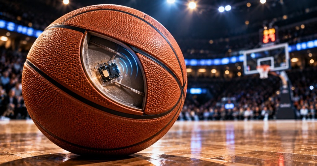 Photorealistic basketball with a tiny embedded sensor module on a professional arena court