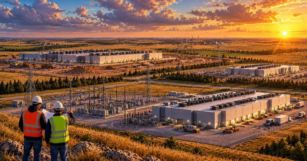 Original editorial illustration of engineers overlooking a hypothetical Nebraska data center campus and electrical substation at sunset