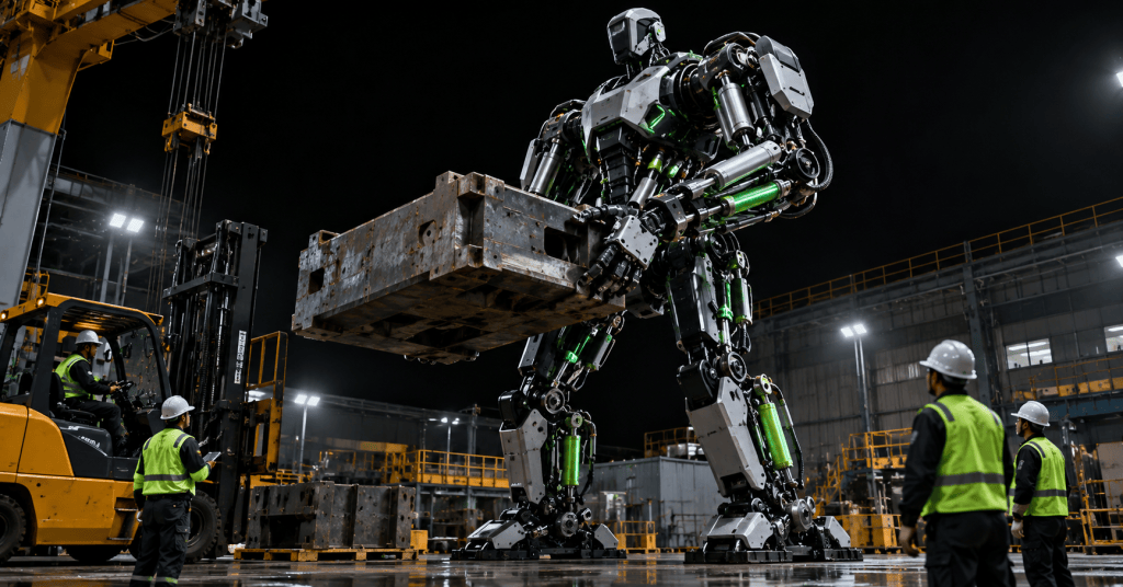 Editorial illustration of a towering hydraulic-electric humanoid robot lifting a massive industrial steel component inside a factory.