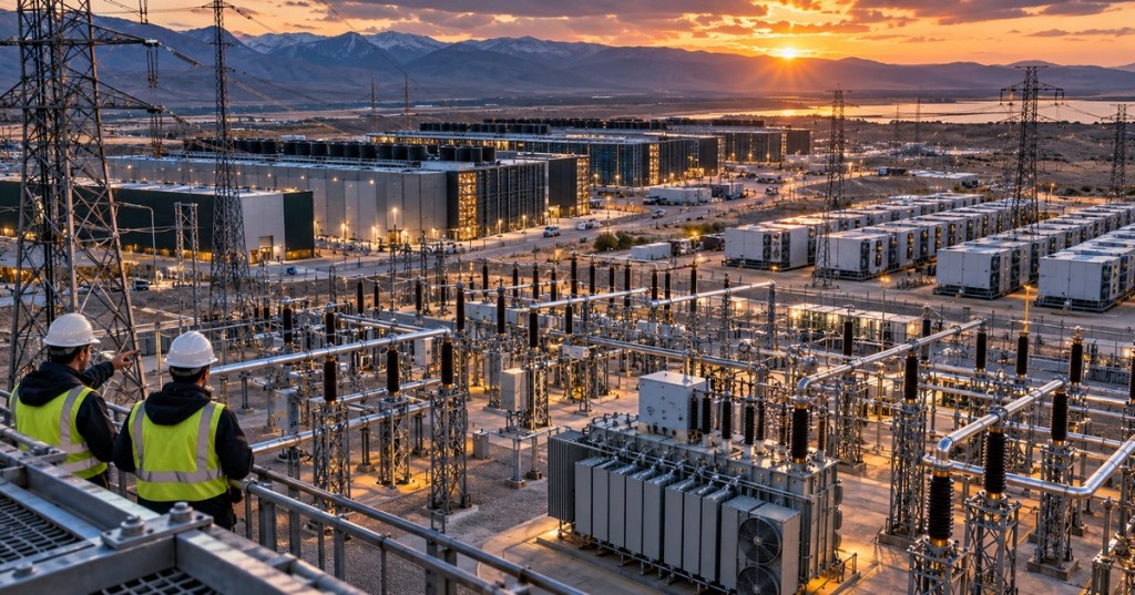 Grid substation and vast computing campus illuminated at dusk, with utility workers overseeing the electrical infrastructure.
