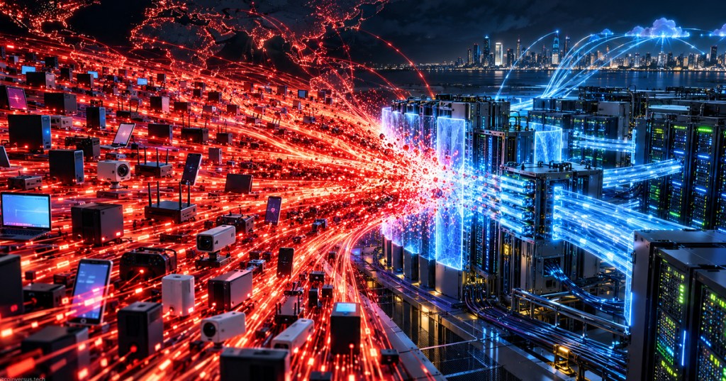 Anime-style editorial illustration of a huge distributed cyberattack flooding a data center while defensive filtering protects network services.
