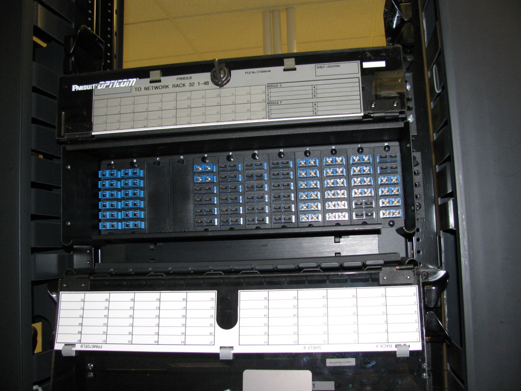 Front view of a network fiber-optic patch panel with rows of optical connector ports