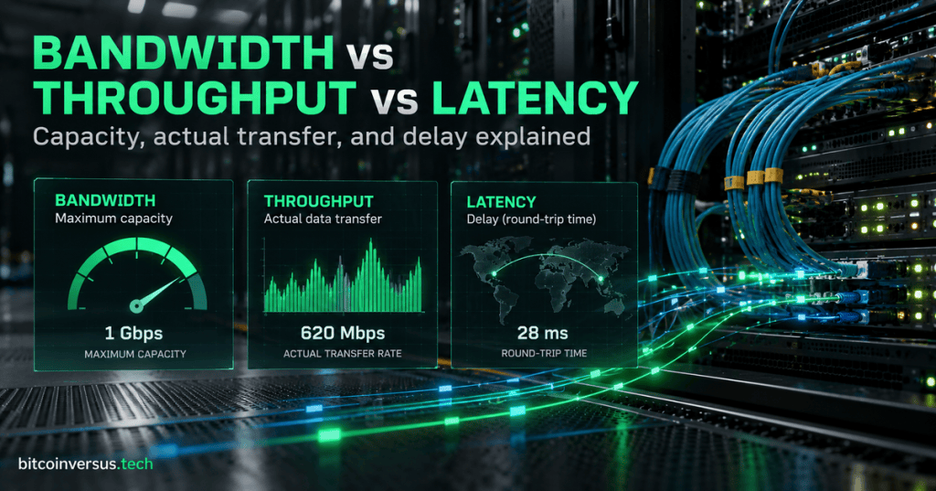 Realistic data center network racks with a technical overlay comparing 1 Gbps bandwidth, 620 Mbps throughput, and 28 ms latency.