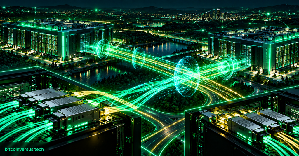 Neon conceptual illustration of high-speed optical fiber linking AI data centers and networking hardware.