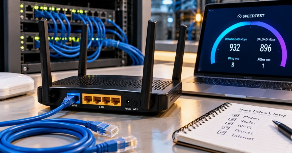 Network router, Ethernet cabling, switch rack, and network performance dashboard illustrating packet loss, jitter, latency, and connection quality.