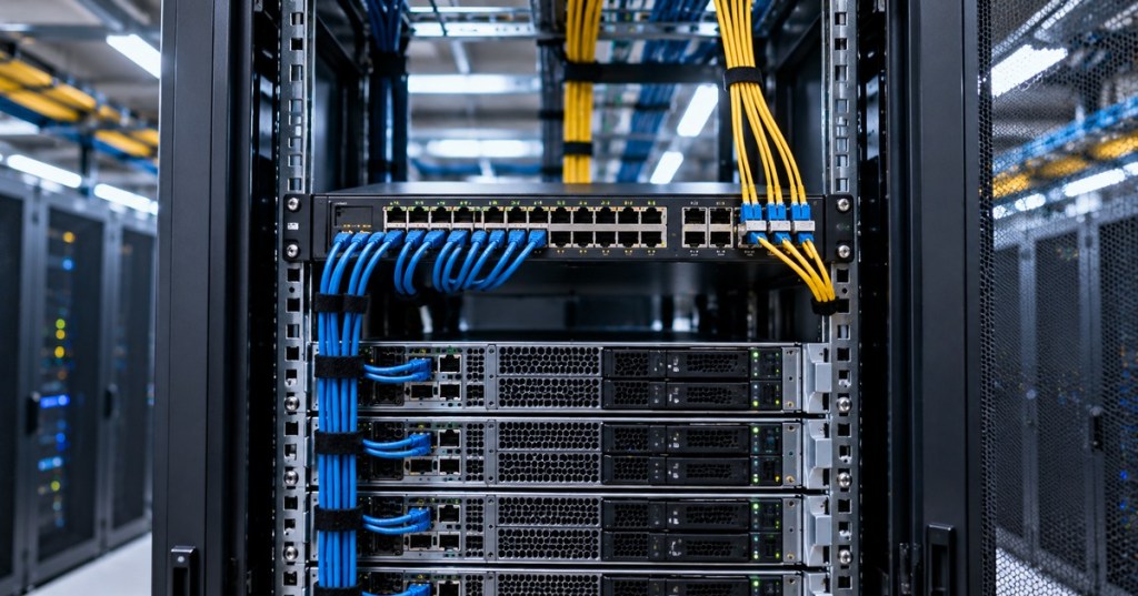 Realistic data center rack with a top-of-rack network switch, blue Ethernet cables, yellow fiber uplinks, and stacked servers.