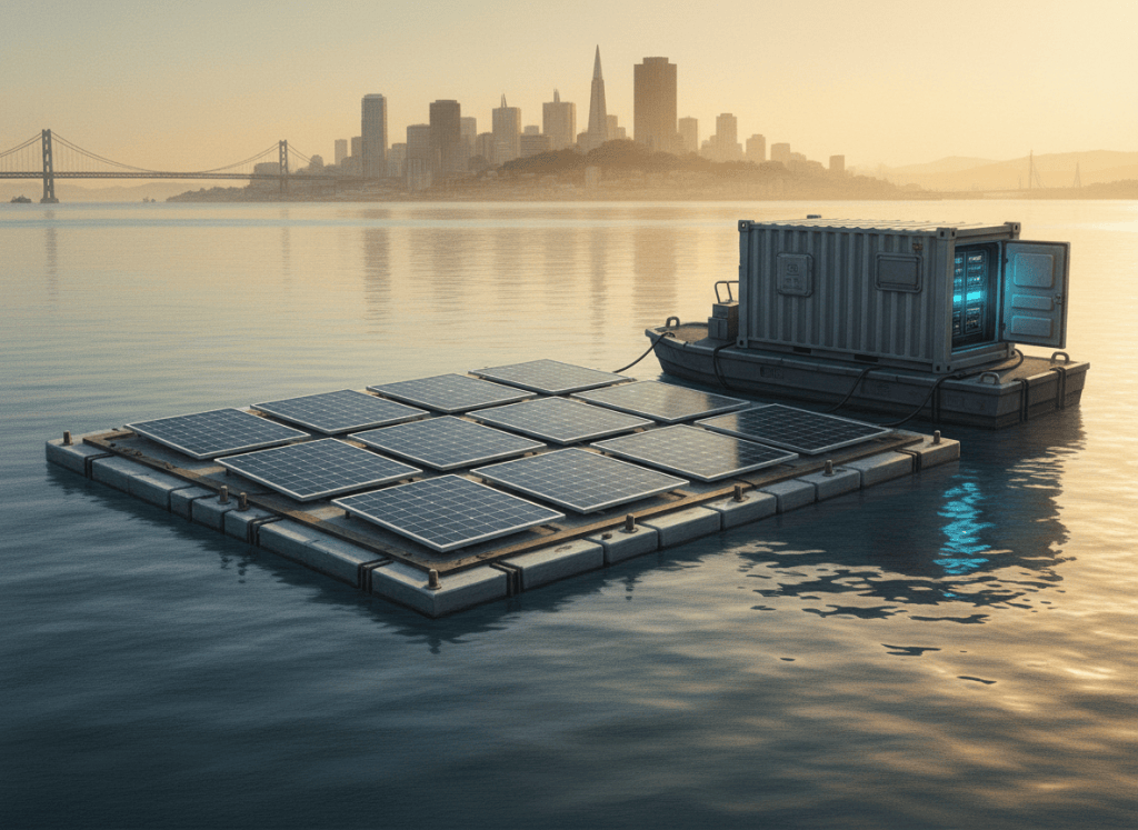 Floating solar panels powering a compact AI data-center system on San Francisco Bay.