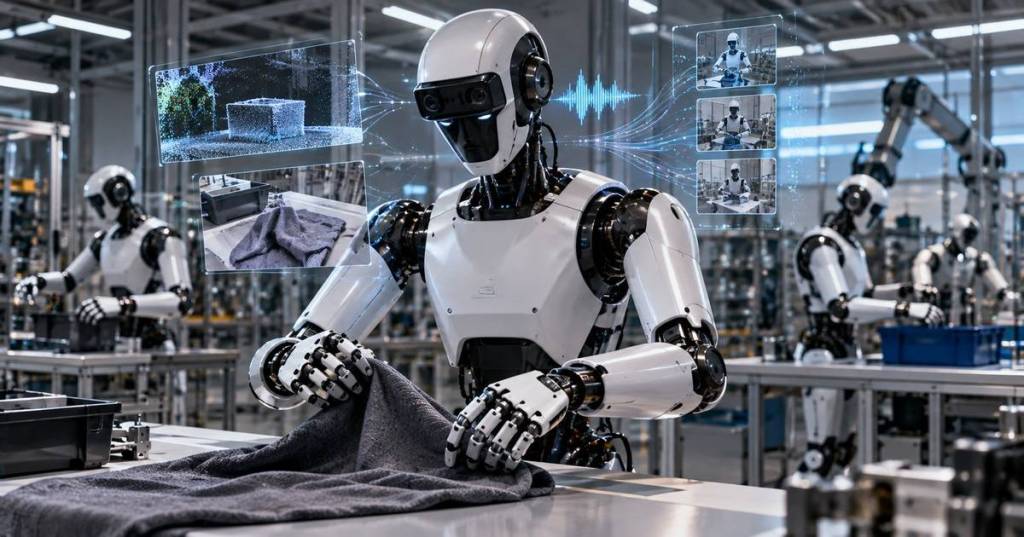 Colored-pencil illustration of a humanoid robot using multimodal sensing and memory while learning a fabric-folding task in a robotics lab.