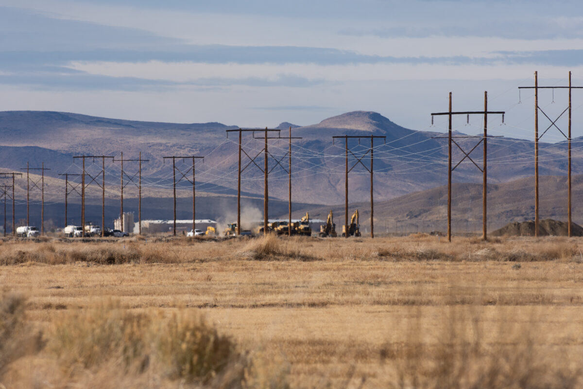 Power transmission infrastructure under construction in the dry Mason Valley region of Nevada