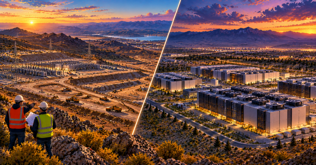 Split-screen original editorial artwork of a hypothetical Nevada data center construction site and finished campus