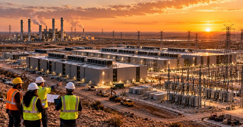 Photorealistic editorial view of a large West Texas AI data center campus with substations, transmission lines, nearby power generation and engineers surveying the site at sunset.
