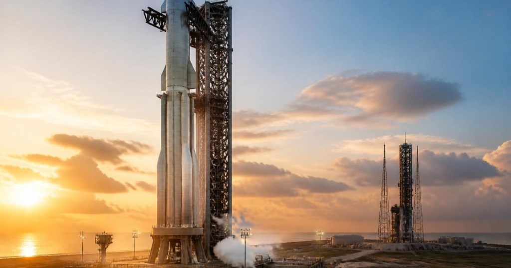 Large reusable heavy-lift rocket on a coastal launch pad at dawn with a second pad in the distance