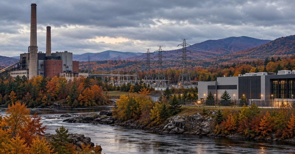 Editorial visualization of a New England power station, electric grid and data center among autumn hills, not an image of a confirmed project