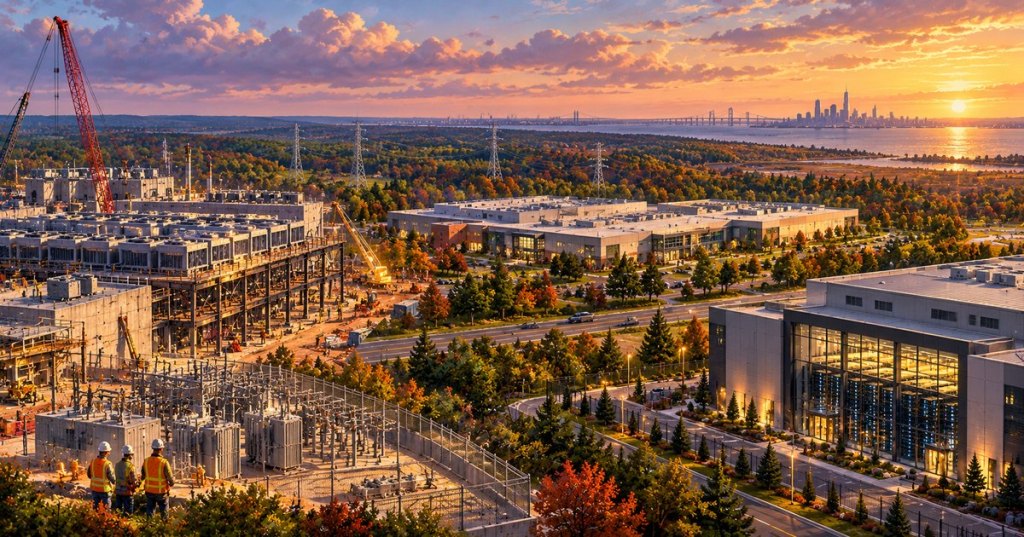 Original anime editorial illustration of New Jersey-inspired data center campuses, electrical substations and construction in an autumn landscape