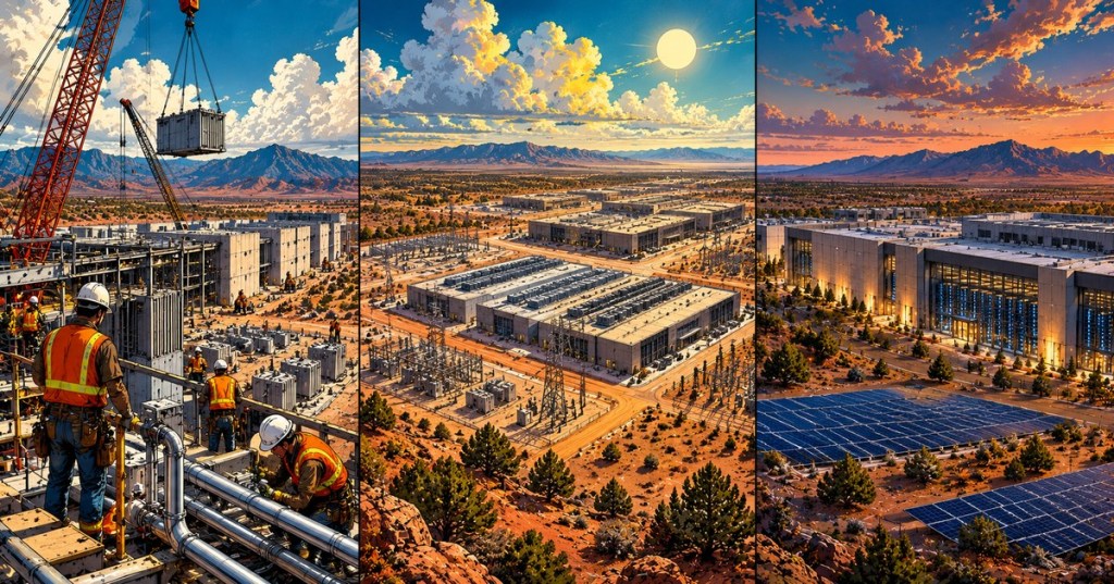 Original three-panel wordless comic depicting New Mexico desert data center construction, an industrial campus and a completed computing facility