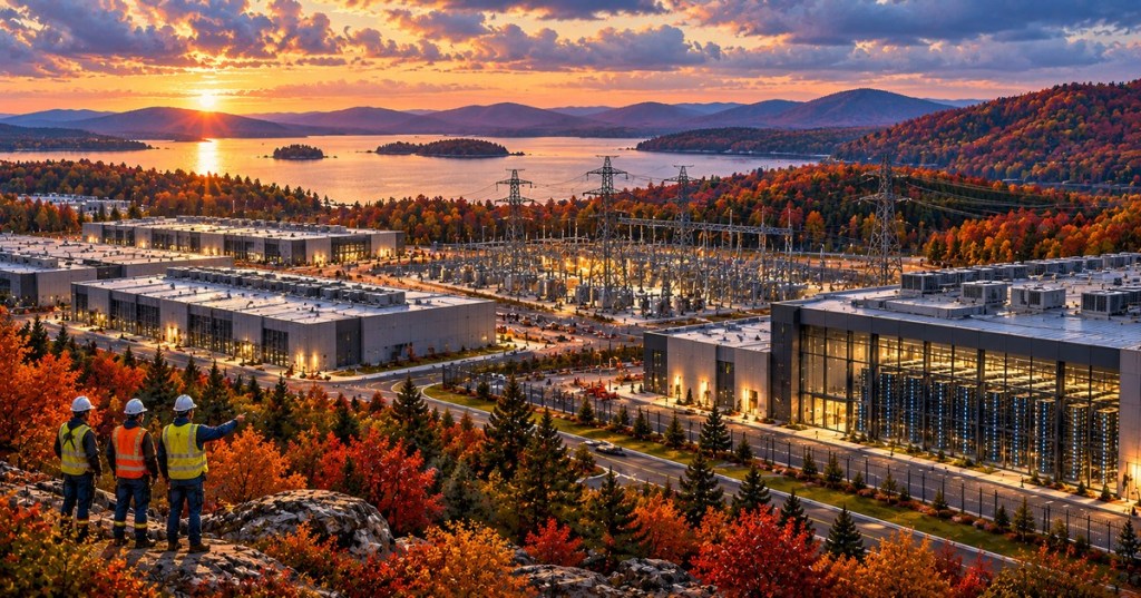 Original photo-inspired anime editorial artwork showing workers, data center buildings and high-voltage equipment beside an autumn lake
