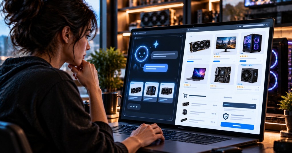 Photorealistic shopper using a conversational AI interface to compare computer hardware and complete a secure online purchase
