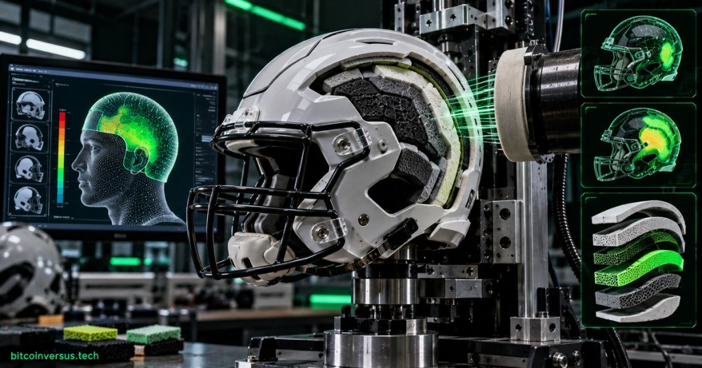 Football helmet undergoing laboratory impact testing with custom-fit scan and padding diagnostics in a dark engineering lab.