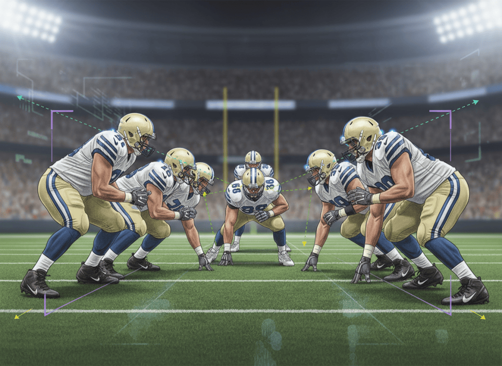 Color-pencil illustration of an American football running play with AI tracking lines showing blocking assignments and rushing lanes.