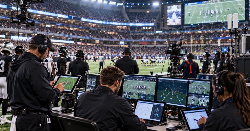 An NFL-style stadium sideline filled with coaches, analysts, tablets, cameras, wireless equipment, and real-time player tracking systems.