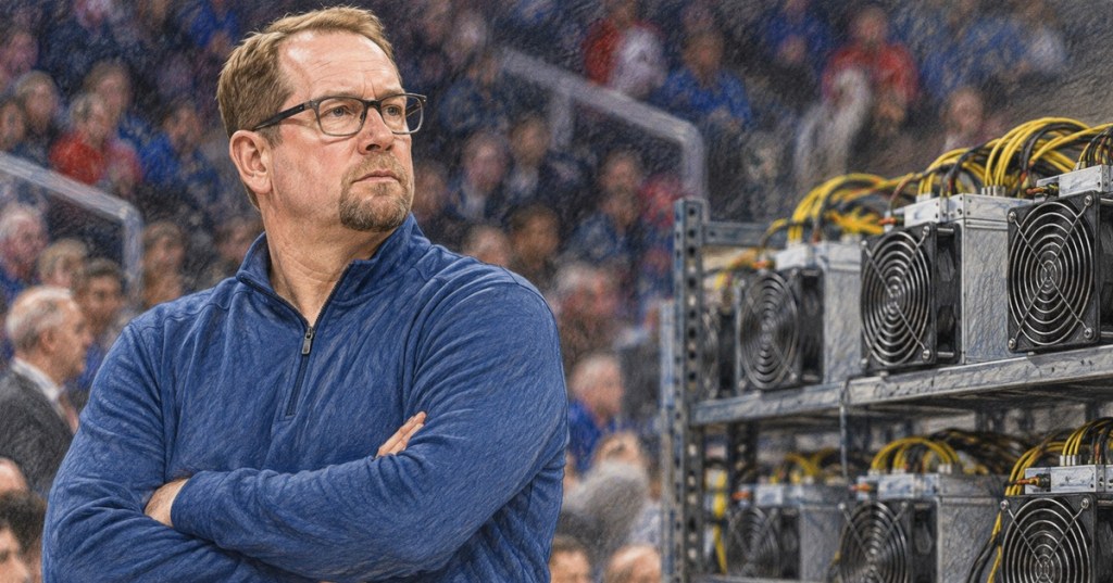 Editorial color-pencil illustration of Philadelphia 76ers coach Nick Nurse beside Bitcoin mining hardware