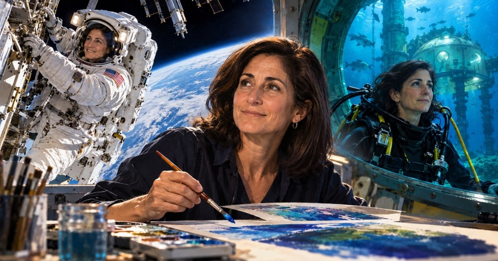 Illustrated Career Journalist cover showing Nicole Stott as astronaut, artist and aquanaut.