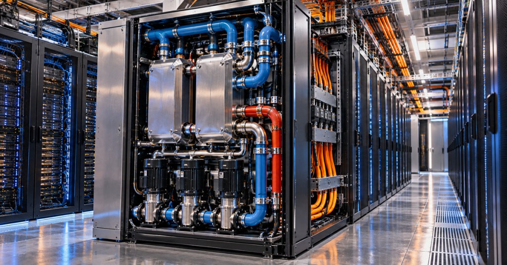 Editorial image of a high-capacity liquid cooling distribution unit installed beside AI server racks with high-voltage DC cabling.